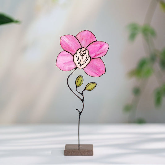 suncatcher stained_glass Pink Orchid Stained Glass Table Decor – Handmade Floral Sculpture