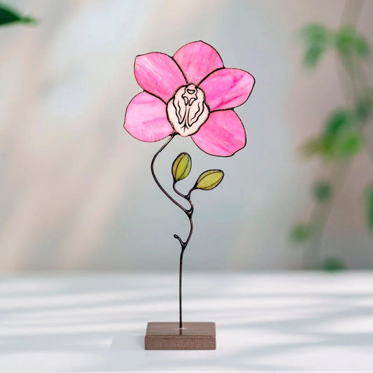 suncatcher Flowers stained_glass Pink Orchid Stained Glass Table Decor – Handmade Floral Sculpture