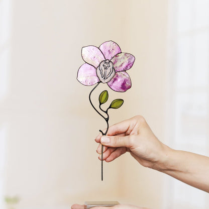 suncatcher stained_glass Pink Orchid Stained Glass Table Decor – Handmade Floral Sculpture