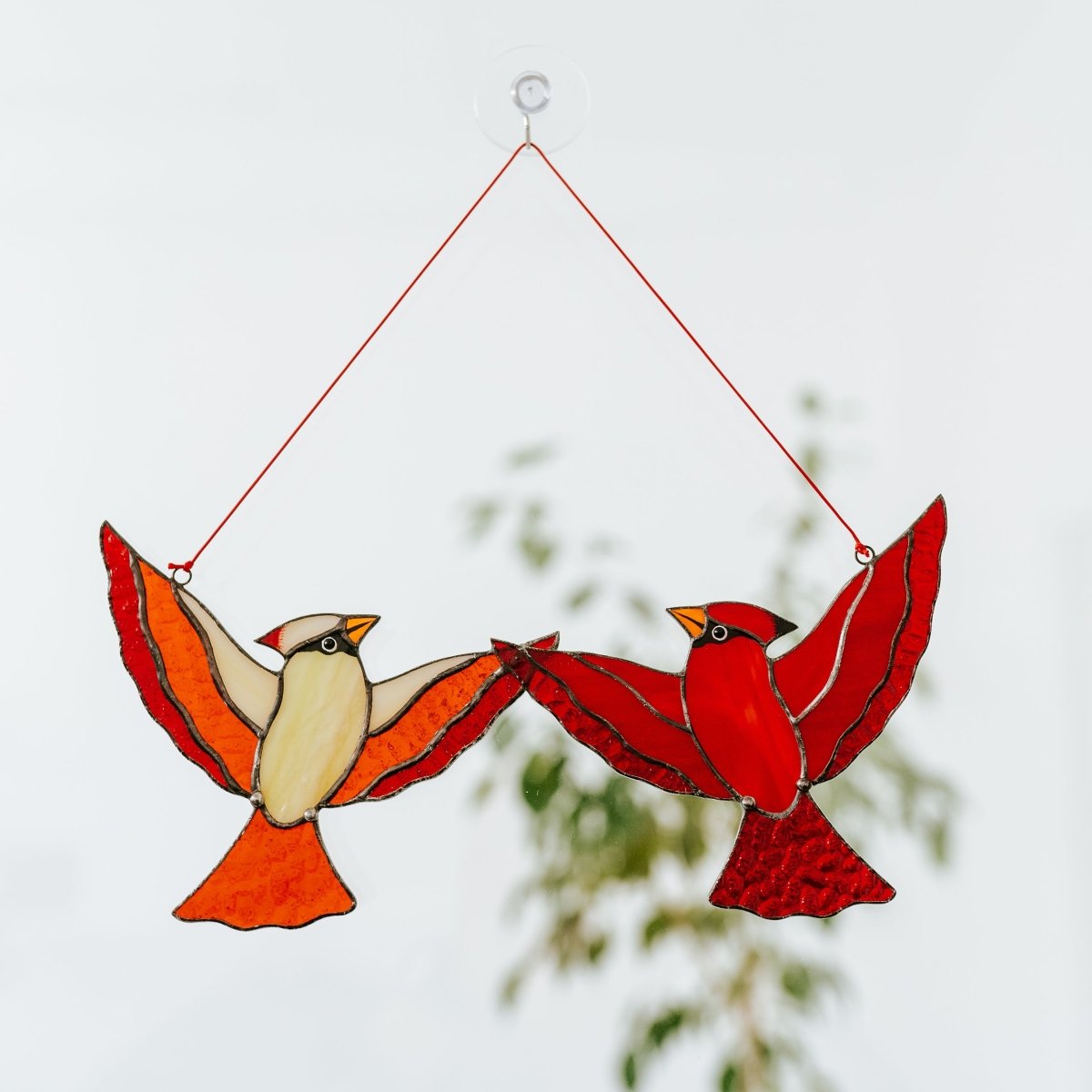 suncatcher suncatcher stained_glass Red Cardinal Couple Stained Glass - Suncatcher Hanging Decor 6x11 inch