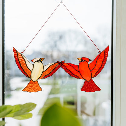 suncatcher suncatcher stained_glass Red Cardinal Couple Stained Glass - Suncatcher Hanging Decor 6x11 inch