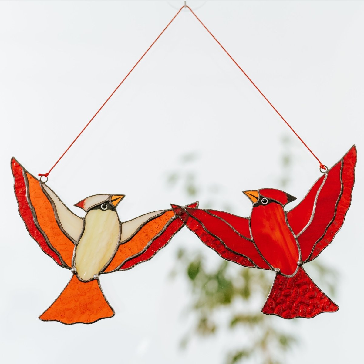 suncatcher suncatcher stained_glass Red Cardinal Couple Stained Glass - Suncatcher Hanging Decor 6x11 inch