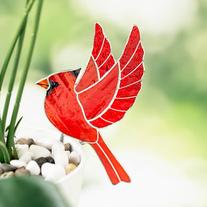 suncatcher Top product stained_glass Red Cardinal Stained Glass – Planter Decoration Symbol of Love & Spirit | Gift for Gardeners
