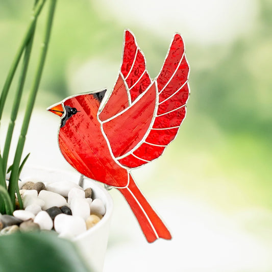 suncatcher Top product stained_glass Red Cardinal Stained Glass – Planter Decoration Symbol of Love & Spirit | Gift for Gardeners
