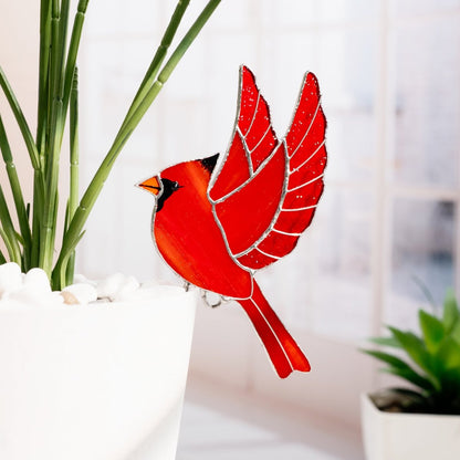 suncatcher stained_glass Red Cardinal Stained Glass – Planter Decoration Symbol of Love & Spirit | Gift for Gardeners | Nature - Inspired Decor