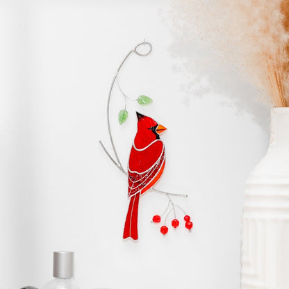 suncatcher stained_glass Red Cardinal Window Hanging – Stained Glass Father’s Day Gift