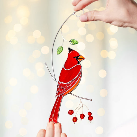 suncatcher stained_glass Red Cardinal Window Hanging – Stained Glass Father’s Day Gift