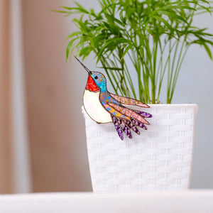 suncatcher stained_glass Ruby Throated Hummingbird Stained Glass Plant Clip Decor