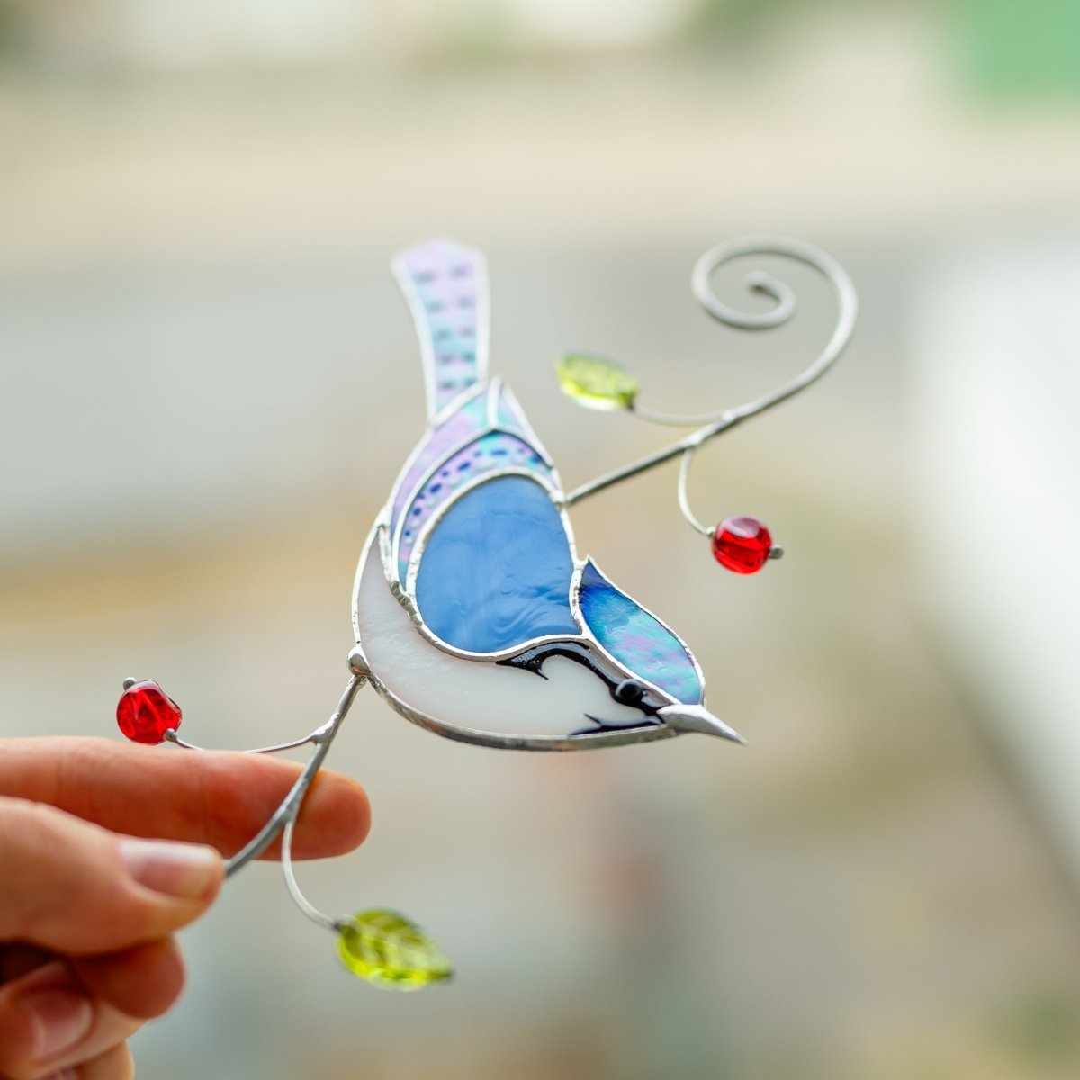 suncatcher Bird stained_glass Stained Glass Blue Jay - Suncatcher Hanging Decor 7.5x3.9 inch