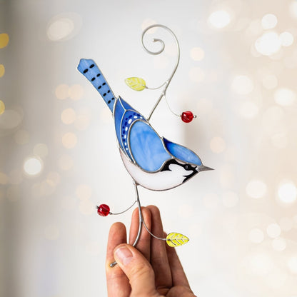 suncatcher Bird stained_glass Stained Glass Blue Jay - Suncatcher Hanging Decor 7.5x3.9 inch