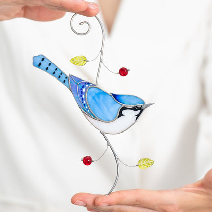 suncatcher Bird stained_glass Stained Glass Blue Jay - Suncatcher Hanging Decor 7.5x3.9 inch