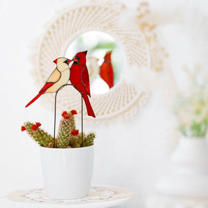suncatcher stained_glass Stained Glass Cardinal Couple Plant Stake Decor
