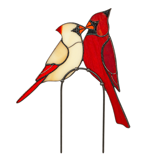 suncatcher stained_glass Stained Glass Cardinal Couple Plant Stake Decor