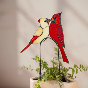 suncatcher stained_glass Stained Glass Cardinal Couple Plant Stake Decor