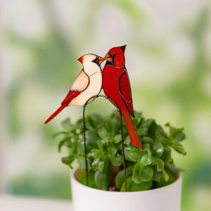 suncatcher stained_glass Stained Glass Cardinal Couple Plant Stake Decor