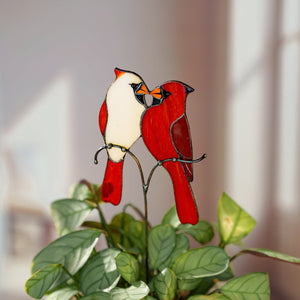 suncatcher stained_glass Stained Glass Cardinal Couple Plant Stake Decor