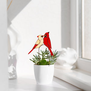 suncatcher stained_glass Stained Glass Cardinal Couple Plant Stakes, Bird Garden Decor