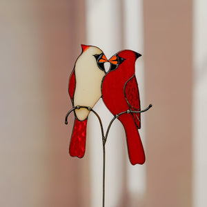 suncatcher stained_glass Stained Glass Cardinal Couple Plant Stakes, Red Bird Decor