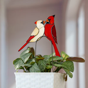 suncatcher stained_glass Stained Glass Cardinal Couple Plant Stakes, Red Bird Decor