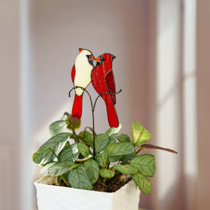 suncatcher stained_glass Stained Glass Cardinal Couple Plant Stakes, Red Bird Decor