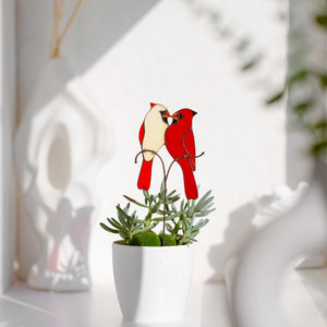 suncatcher stained_glass Stained Glass Cardinal Couple Plant Stakes, Red Bird Decor