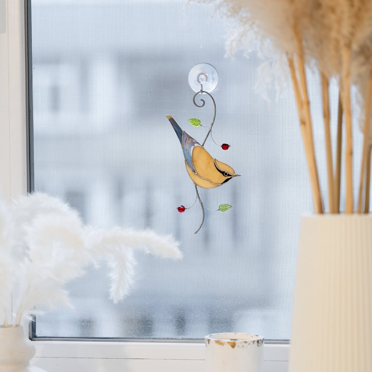 suncatcher Beveled stained_glass Stained Glass Cedar Waxwing Bird - Suncatcher Window Decor 7.5x3.9 inch