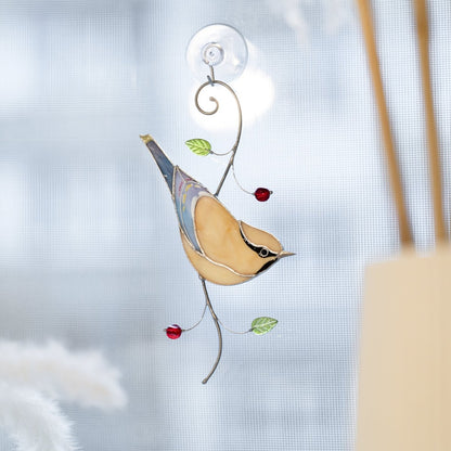 suncatcher Beveled stained_glass Stained Glass Cedar Waxwing Bird - Suncatcher Window Decor 7.5x3.9 inch