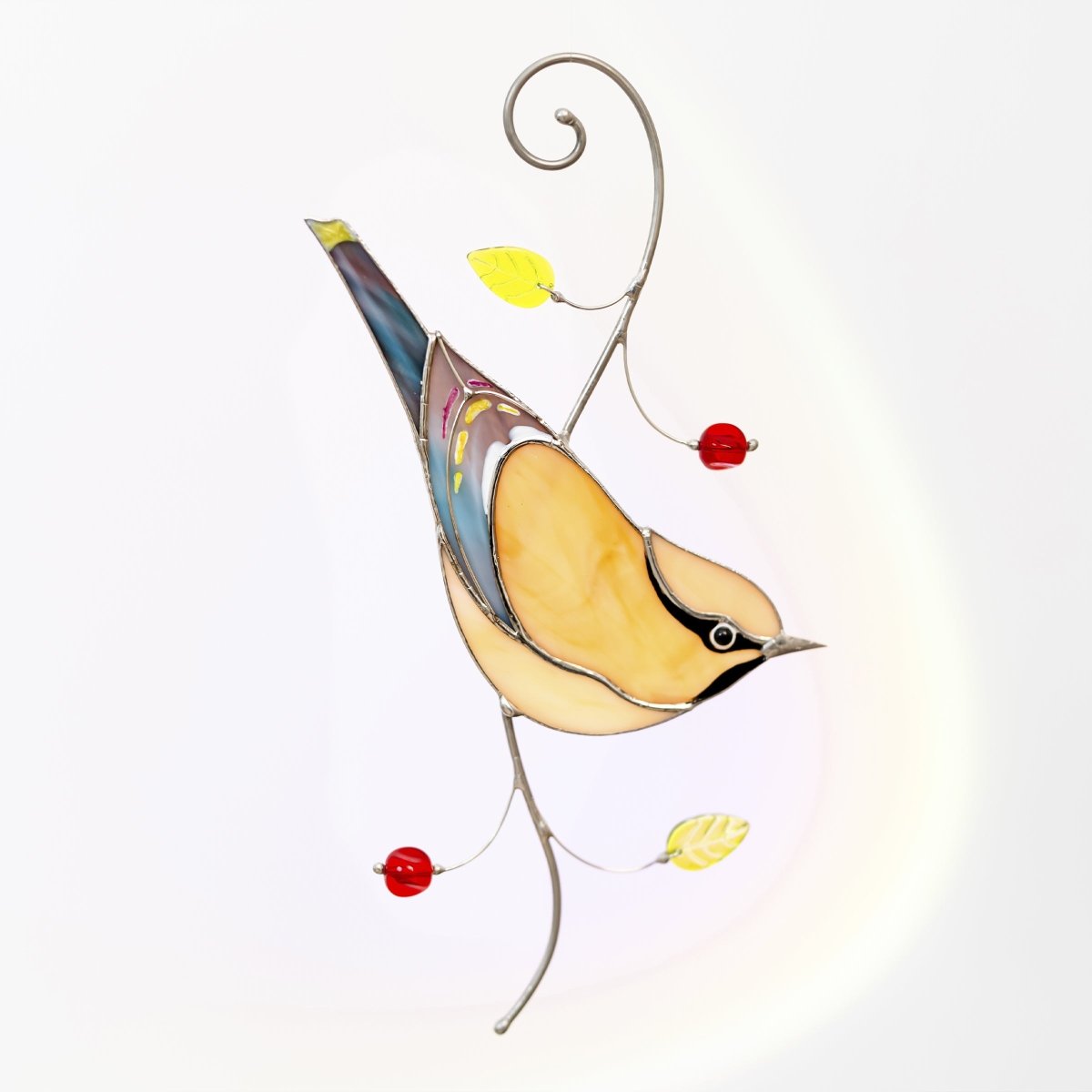 suncatcher Beveled stained_glass Stained Glass Cedar Waxwing Bird - Suncatcher Window Decor 7.5x3.9 inch