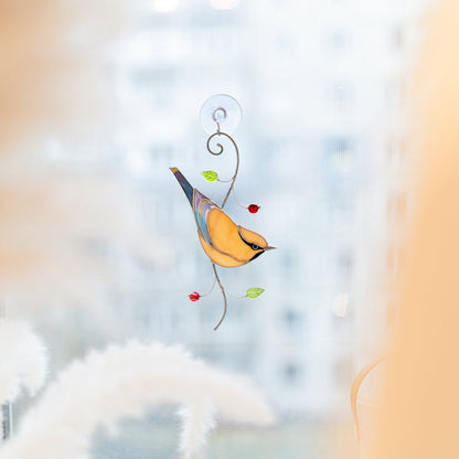 suncatcher Beveled stained_glass Stained Glass Cedar Waxwing Bird - Suncatcher Window Decor 7.5x3.9 inch