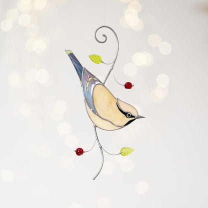 suncatcher Beveled stained_glass Stained Glass Cedar Waxwing Bird - Suncatcher Window Decor 7.5x3.9 inch