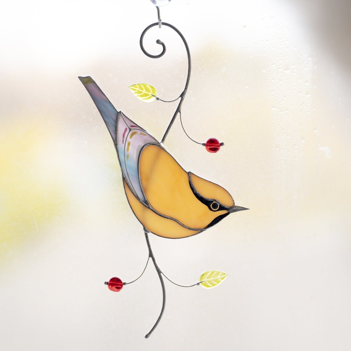 suncatcher Beveled stained_glass Stained Glass Cedar Waxwing Bird - Suncatcher Window Decor 7.5x3.9 inch