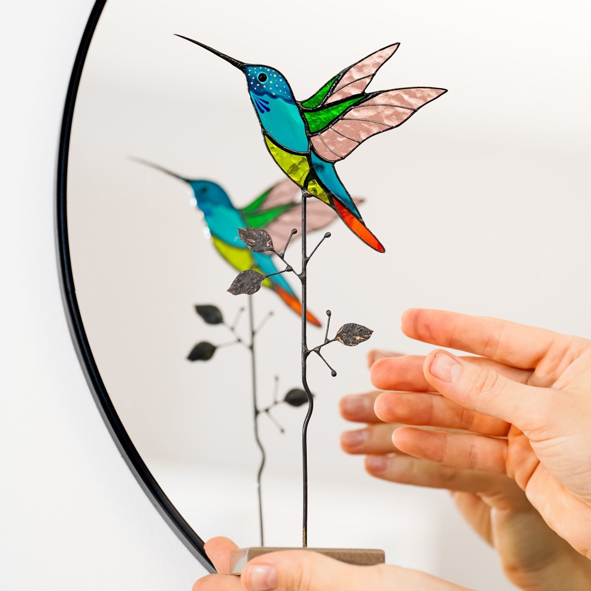 suncatcher Top product stained_glass Stained Glass Hummingbird Blue - Suncatcher Table Decor 9.5x4.8 inch