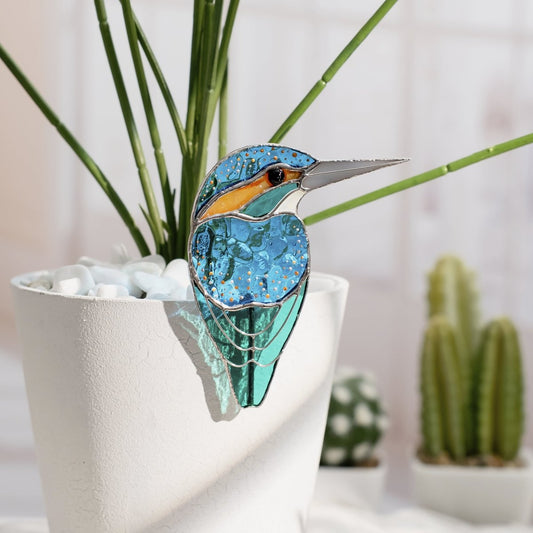 suncatcher Top product stained_glass Stained Glass Kingfisher Bird Pot Decor – Bright Garden Accent Gift for Aunt