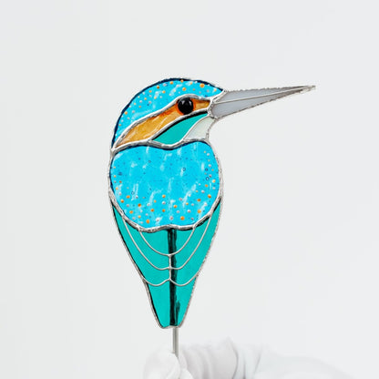 suncatcher stained_glass Stained Glass Kingfisher Bird Pot Decor – Bright Garden Accent Gift for Aunt, Friend, Co - worker, Bird Lover, Gardener