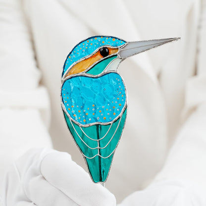 suncatcher stained_glass Stained Glass Kingfisher Bird Pot Decor – Bright Garden Accent Gift for Aunt, Friend, Co - worker, Bird Lover, Gardener