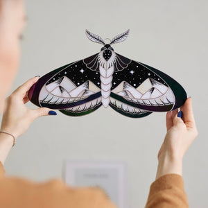 suncatcher stained_glass Stained Glass Moth Wall Decor with Mountain Design