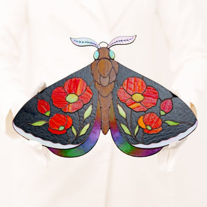 suncatcher stained_glass Stained Glass Moth Wall Decor with Red Poppies
