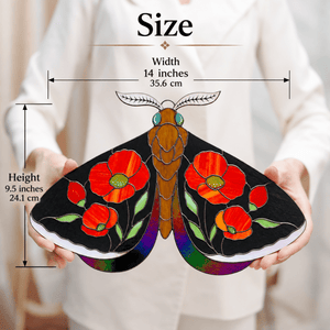 suncatcher stained_glass Stained Glass Moth Wall Decor with Red Poppies