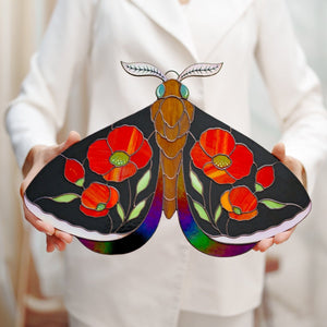 suncatcher stained_glass Stained Glass Moth Wall Decor with Red Poppies