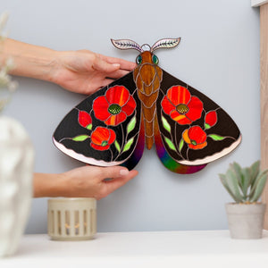 suncatcher stained_glass Stained Glass Moth Wall Decor with Red Poppies