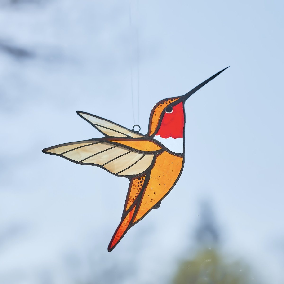 Hummingbird Stained Glass Suncatcher - Blue Bird With Flower Window Hanging, Handmade Home Decor Gift