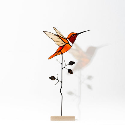 suncatcher Top product stained_glass Stained Glass Orange Hummingbird - Suncatcher Table Decor 9.5x4.8