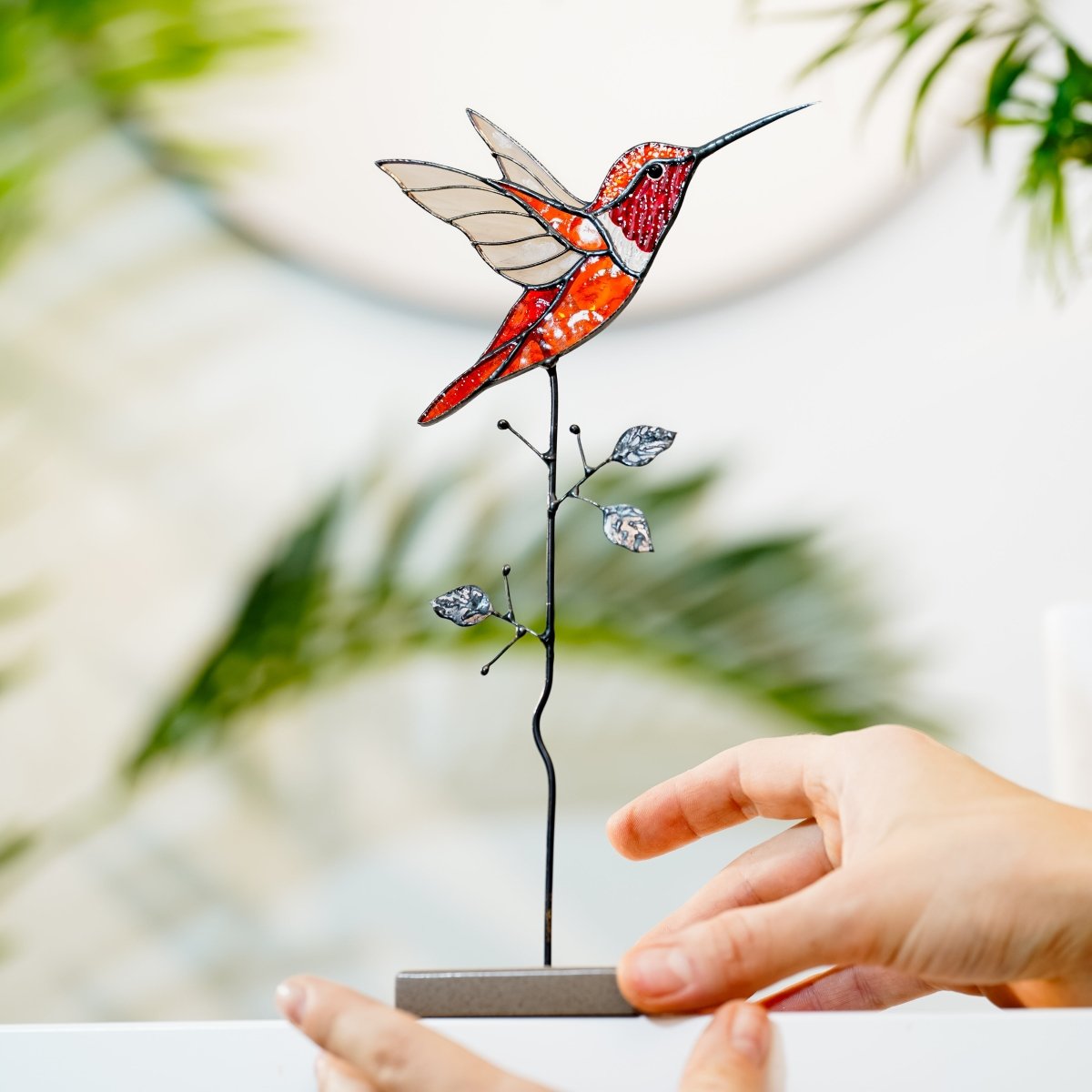 suncatcher Top product stained_glass Stained Glass Orange Hummingbird - Suncatcher Table Decor 9.5x4.8