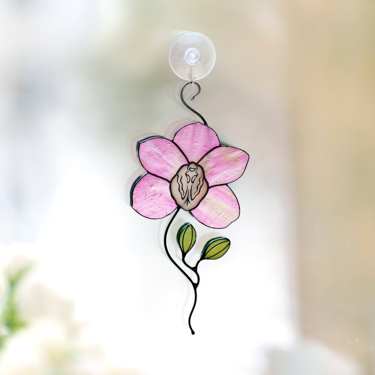 suncatcher Flowers stained_glass Stained Glass Pink Orchid Suncatcher – Window Hanging Floral Decor, Handmade Orchid Gift