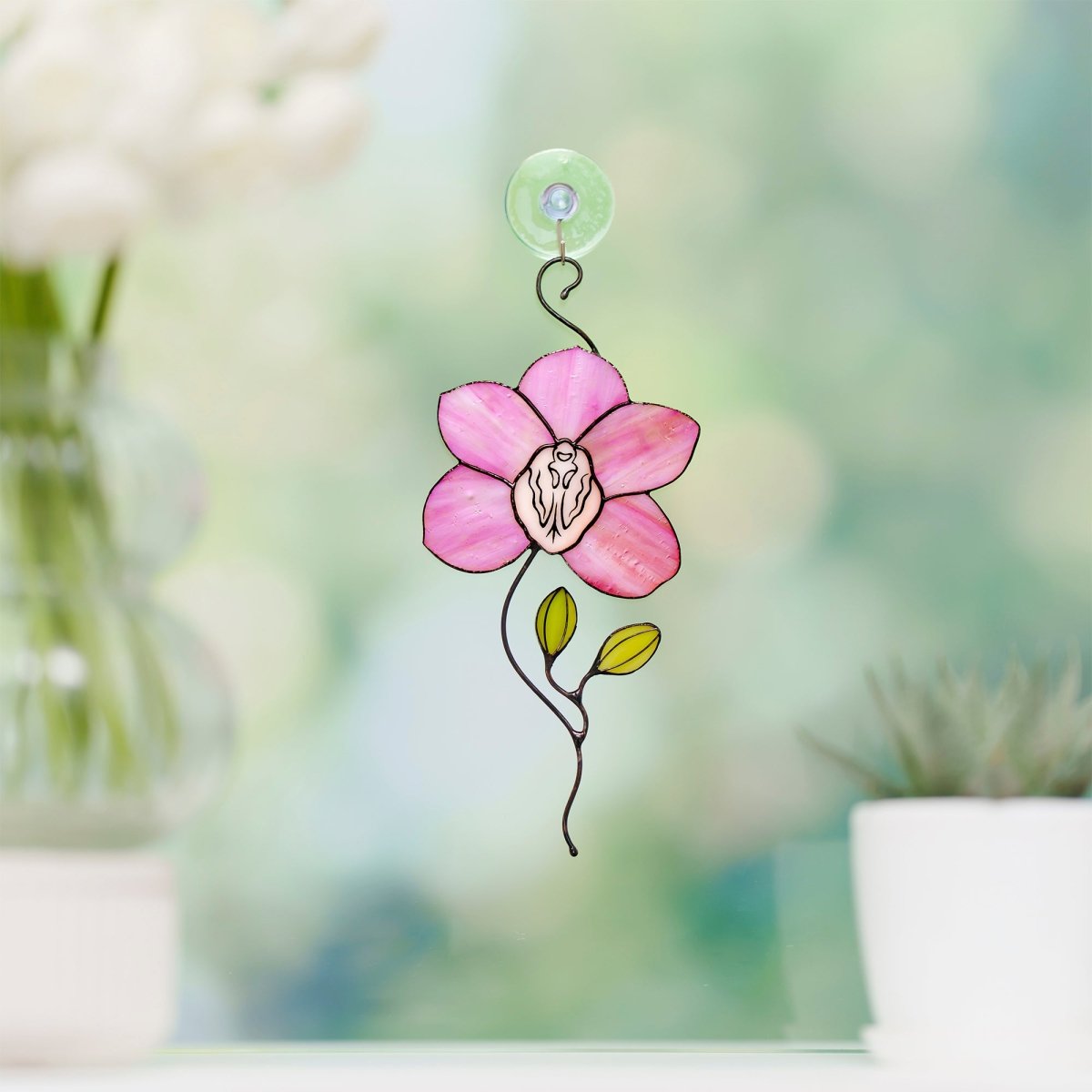 suncatcher Flowers stained_glass Stained Glass Pink Orchid Suncatcher – Window Hanging Floral Decor, Handmade Orchid Gift