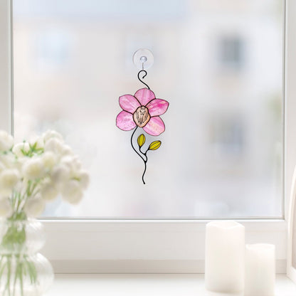 suncatcher Flowers stained_glass Stained Glass Pink Orchid Suncatcher – Window Hanging Floral Decor, Handmade Orchid Gift