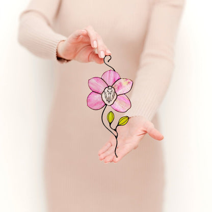 suncatcher Flowers stained_glass Stained Glass Pink Orchid Suncatcher – Window Hanging Floral Decor, Handmade Orchid Gift