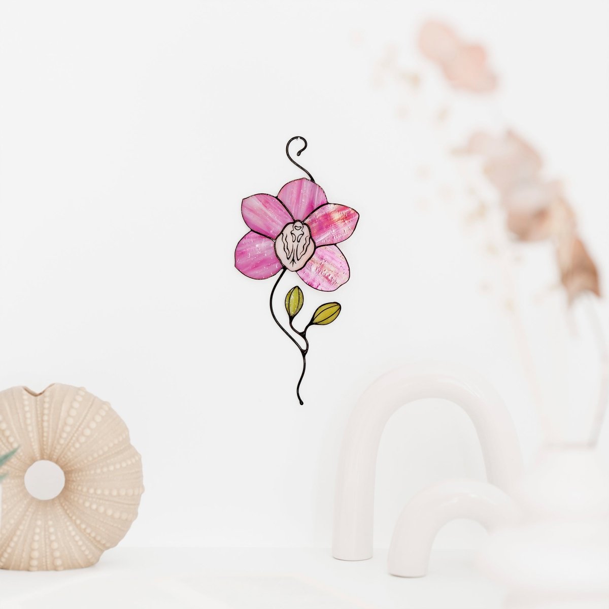 suncatcher Flowers stained_glass Stained Glass Pink Orchid Suncatcher – Window Hanging Floral Decor, Handmade Orchid Gift