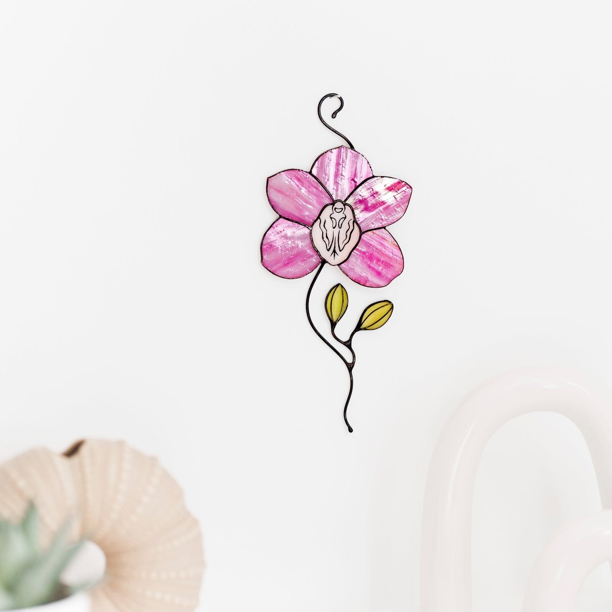 suncatcher Flowers stained_glass Stained Glass Pink Orchid Suncatcher – Window Hanging Floral Decor, Handmade Orchid Gift