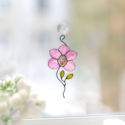 suncatcher Flowers stained_glass Stained Glass Pink Orchid Suncatcher – Window Hanging Floral Decor, Handmade Orchid Gift